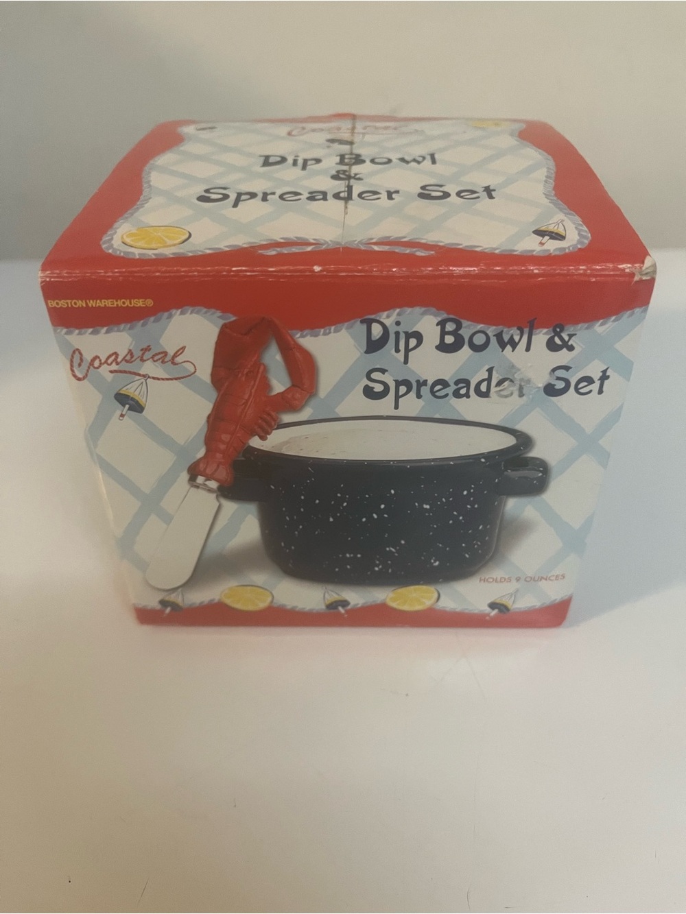 Coastal Lobster Pot Dip Bowl & Spreader Set - Navy Speckled with Red Handle NIB